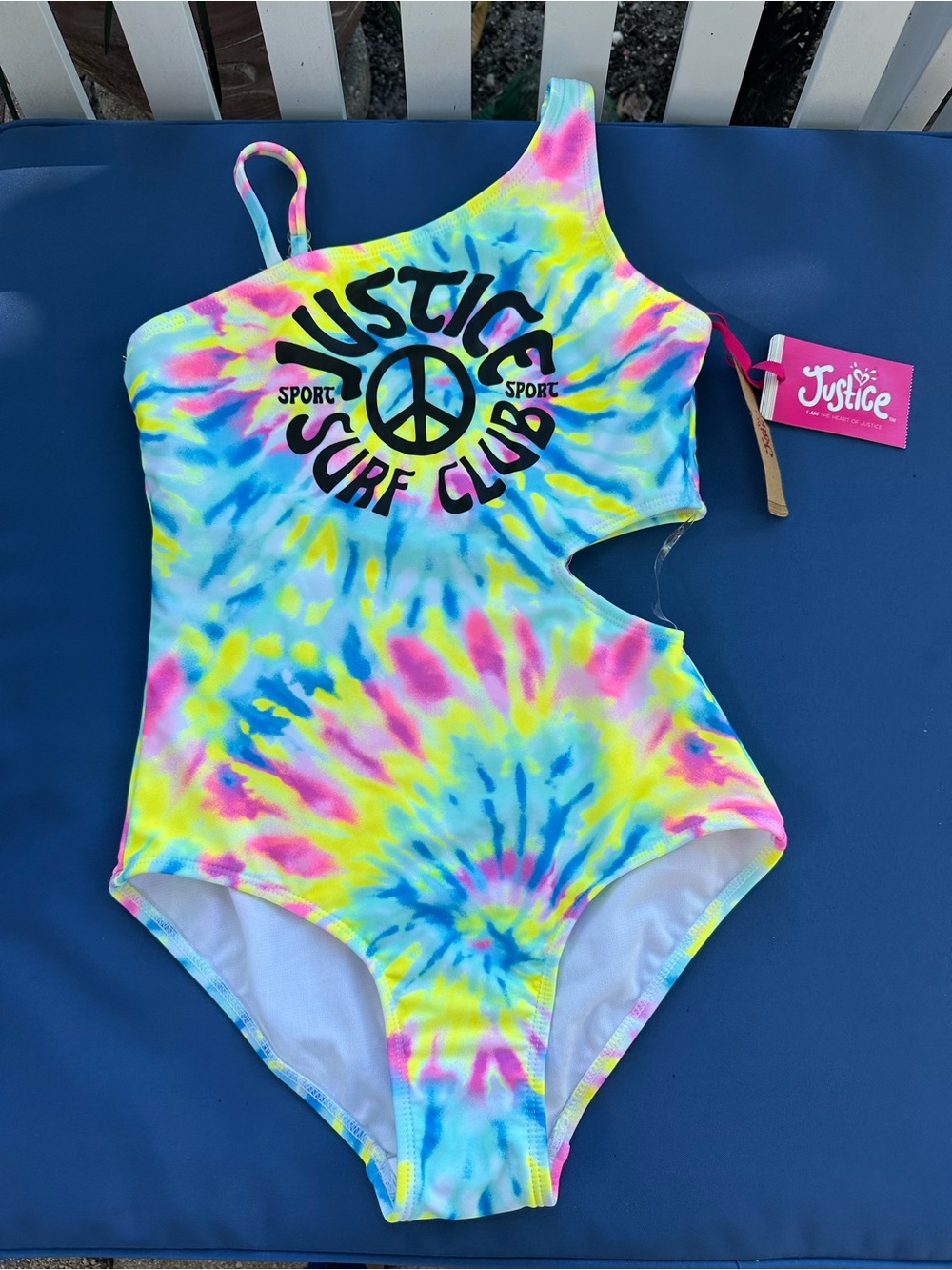 NWT Justice Tie-Dye One-Shoulder Swimsuit in Neon Blue, Yellow & Pink Size 12-14